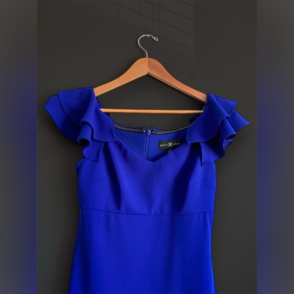 Betsy & Adam Cobalt Blue Evening Gown Maxi Dress Mermaid Ruffle Wedding Prom 4 - Picture 5 of 8